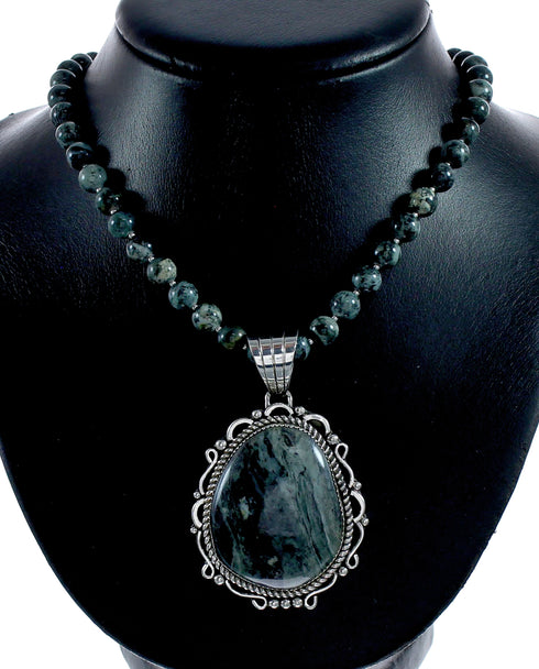 Navajo Sterling Silver Green Opal Bead Necklace Pendant Set NX12151