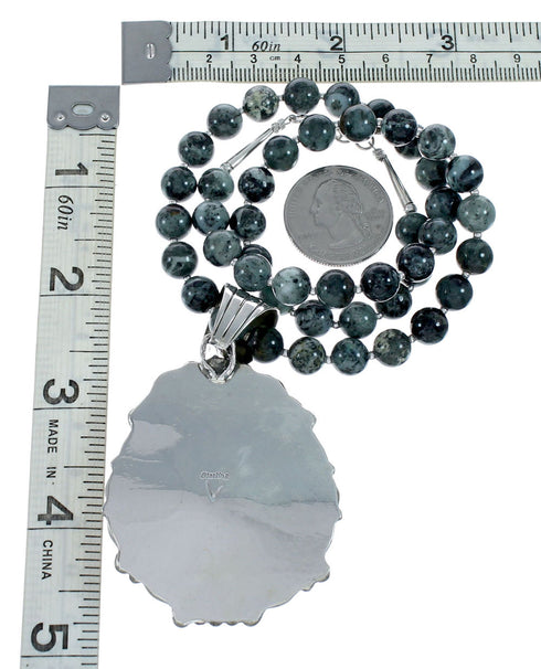 Navajo Sterling Silver Green Opal Bead Necklace Pendant Set NX12151