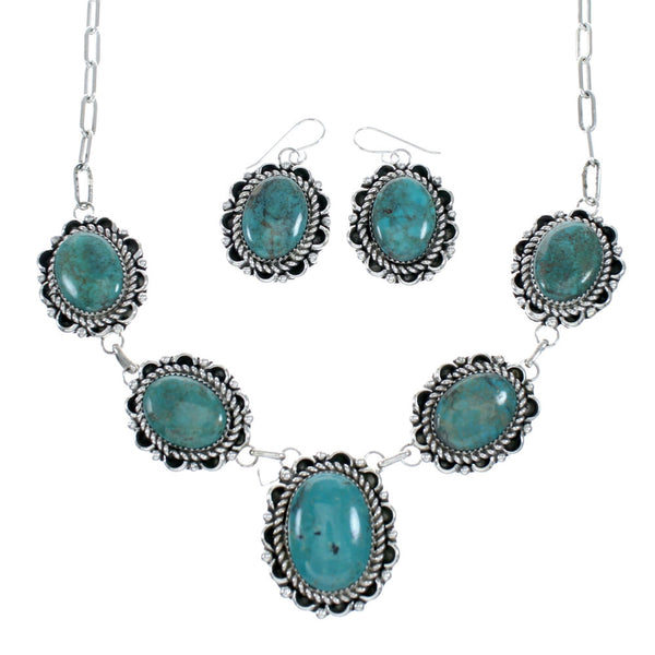 Authentic Navajo Sterling Silver Turquoise Link Necklace Earrings Set NX12153