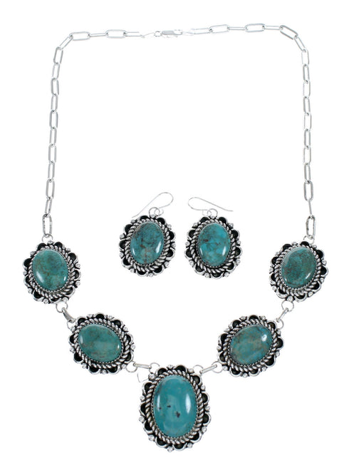 Authentic Navajo Sterling Silver Turquoise Link Necklace Earrings Set NX12153