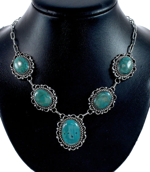 Authentic Navajo Sterling Silver Turquoise Link Necklace Earrings Set NX12153