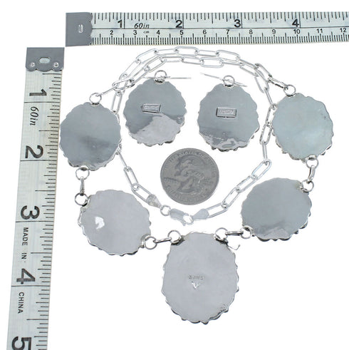 Authentic Navajo Sterling Silver Turquoise Link Necklace Earrings Set NX12153