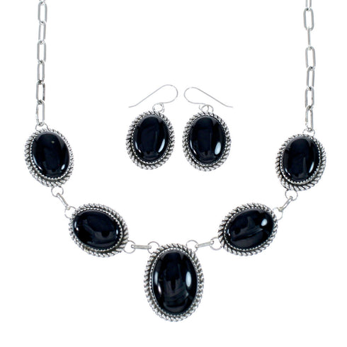Authentic Navajo Sterling Silver Onyx Link Necklace Earrings Set NX12154
