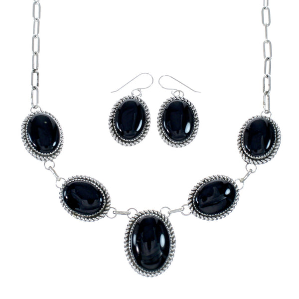 Authentic Navajo Sterling Silver Onyx Link Necklace Earrings Set NX12154