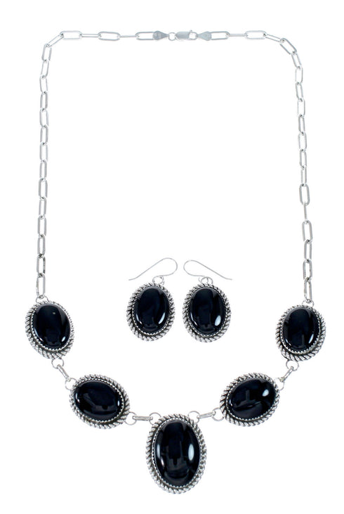 Authentic Navajo Sterling Silver Onyx Link Necklace Earrings Set NX12154