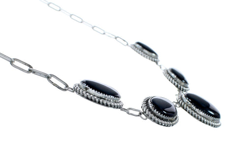 Authentic Navajo Sterling Silver Onyx Link Necklace Earrings Set NX12154