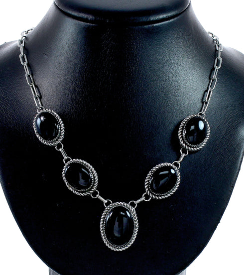 Authentic Navajo Sterling Silver Onyx Link Necklace Earrings Set NX12154
