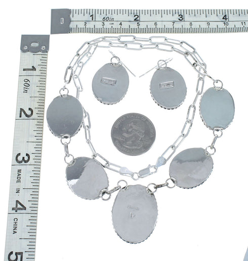 Authentic Navajo Sterling Silver Onyx Link Necklace Earrings Set NX12154