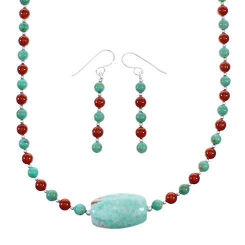 Navajo Sterling Silver Turquoise And Coral Bead Necklace Earrings Set NX12145