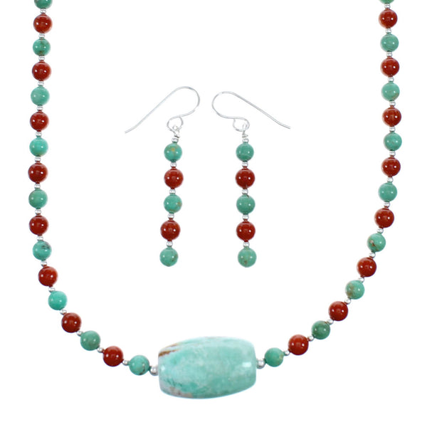 Navajo Sterling Silver Turquoise And Coral Bead Necklace Earrings Set NX12145