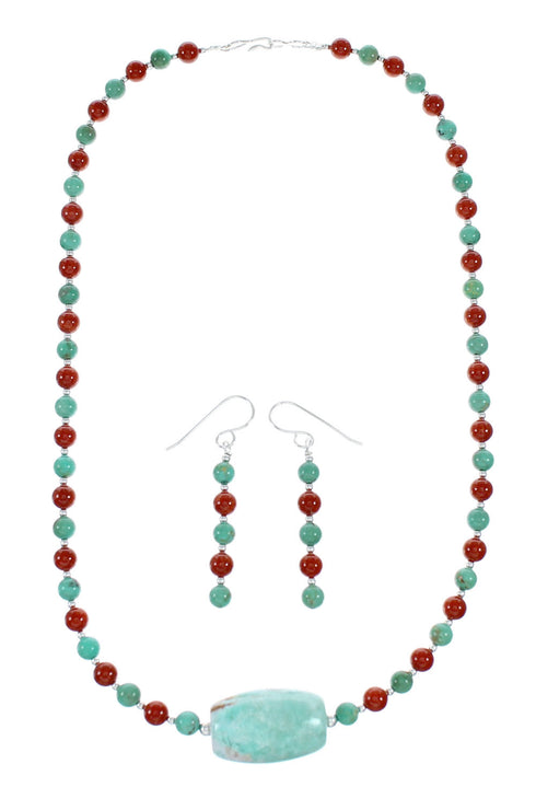 Navajo Sterling Silver Turquoise And Coral Bead Necklace Earrings Set NX12145