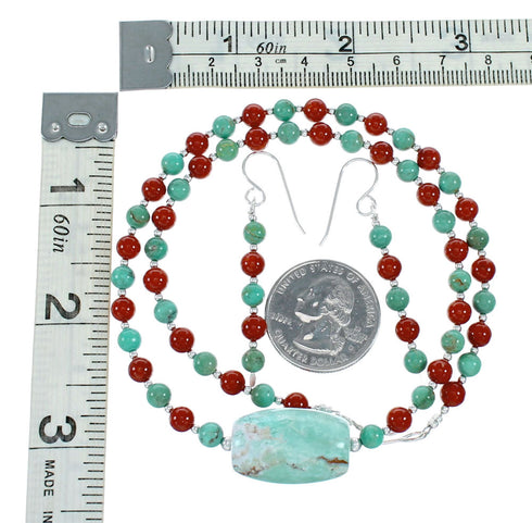 Navajo Sterling Silver Turquoise And Coral Bead Necklace Earrings Set NX12145