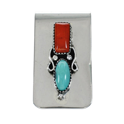 Navajo Turquoise And Coral Sterling Silver Money Clip NX12166