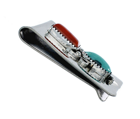 Navajo Turquoise And Coral Sterling Silver Money Clip NX12166