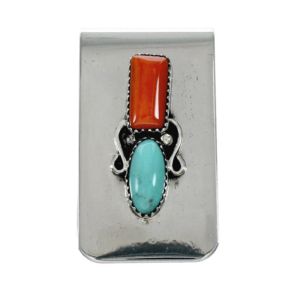 Navajo Turquoise And Coral Sterling Silver Money Clip NX12167