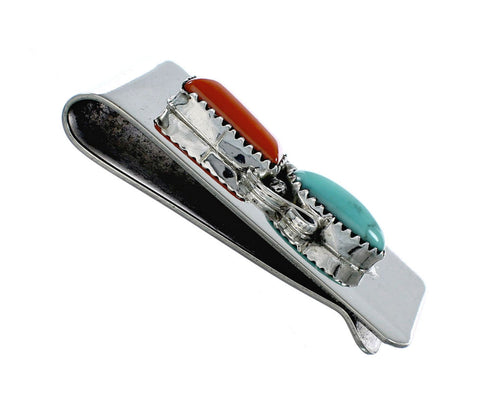 Navajo Turquoise And Coral Sterling Silver Money Clip NX12167