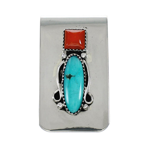Navajo Turquoise And Coral Sterling Silver Money Clip NX12168