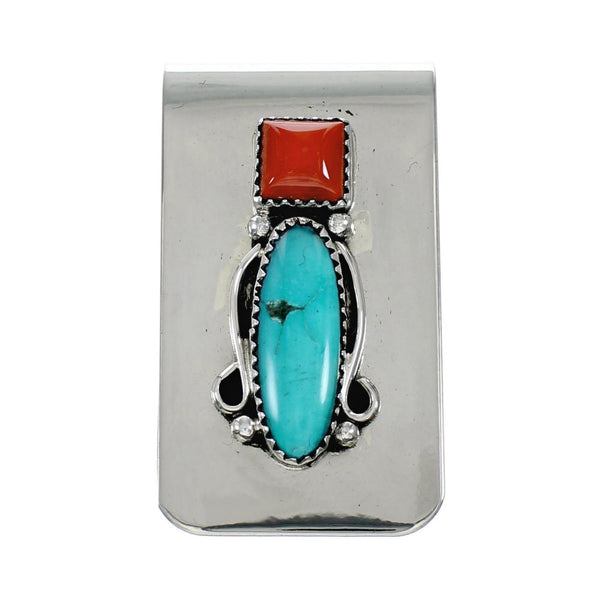 Navajo Turquoise And Coral Sterling Silver Money Clip NX12168