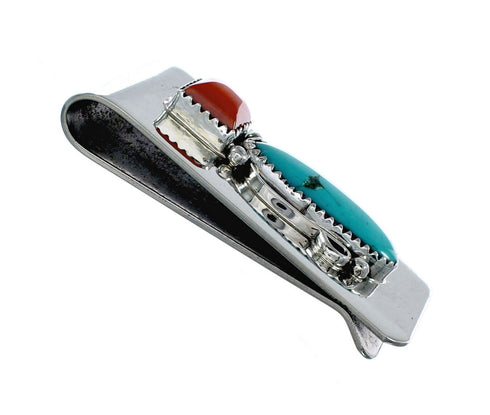 Navajo Turquoise And Coral Sterling Silver Money Clip NX12168