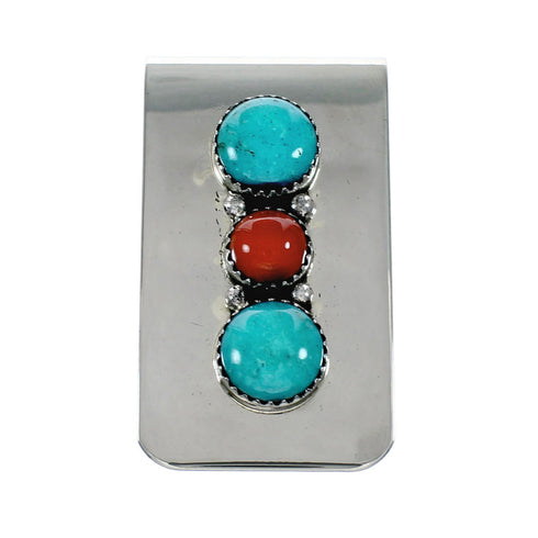 Navajo Turquoise And Coral Sterling Silver Money Clip NX12169