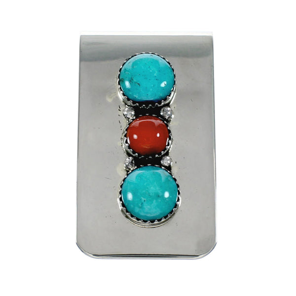 Navajo Turquoise And Coral Sterling Silver Money Clip NX12169