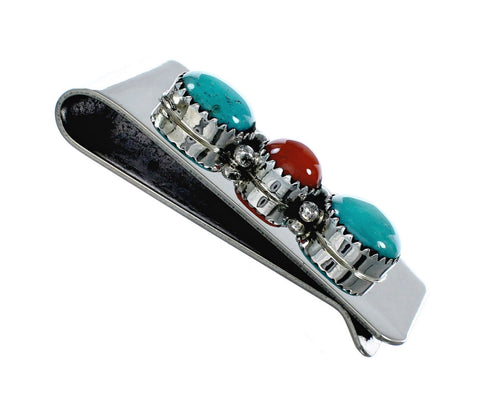 Navajo Turquoise And Coral Sterling Silver Money Clip NX12169
