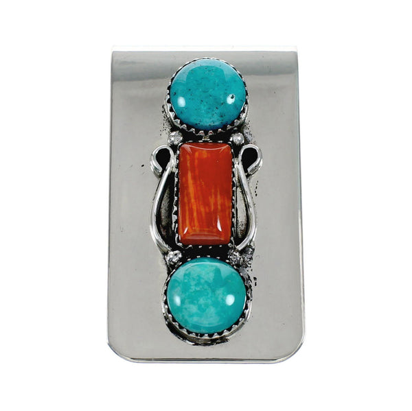 Native American Navajo Turquoise And Coral Sterling Silver Money Clip NX12170