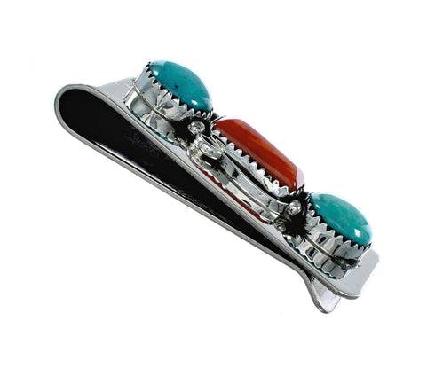 Native American Navajo Turquoise And Coral Sterling Silver Money Clip NX12170