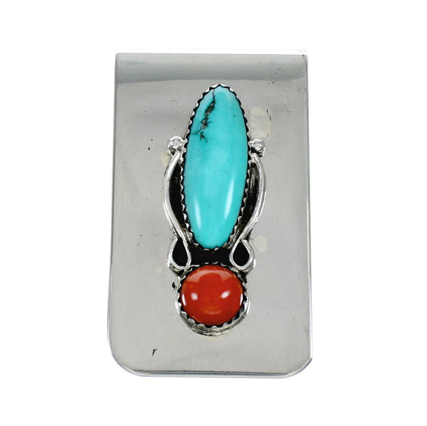 Native American Navajo Turquoise And Coral Sterling Silver Money Clip NX12171