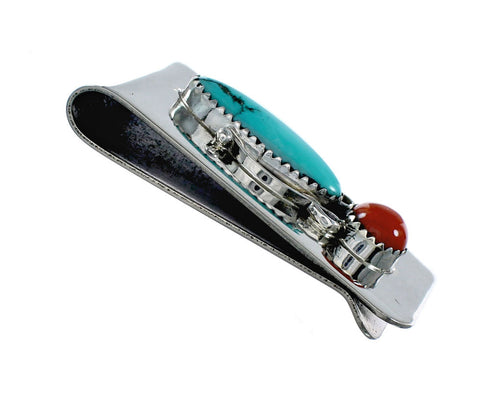 Native American Navajo Turquoise And Coral Sterling Silver Money Clip NX12171