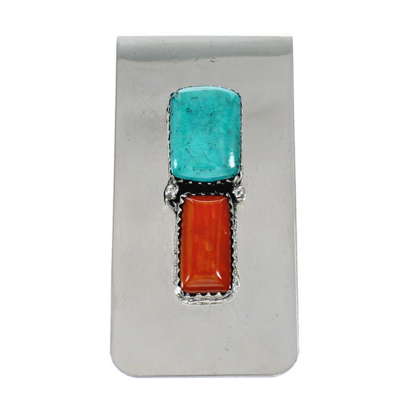 Genuine Navajo Turquoise And Coral Sterling Silver Money Clip NX12172
