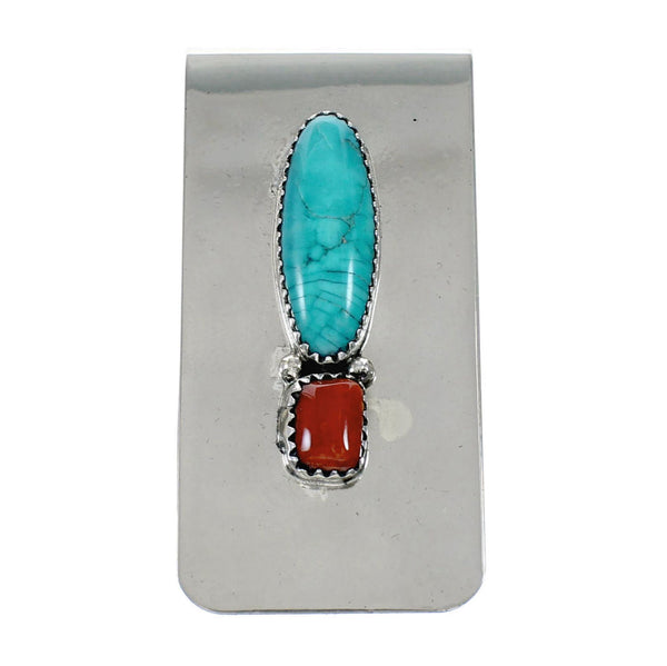Genuine Navajo Turquoise And Coral Sterling Silver Money Clip NX12173