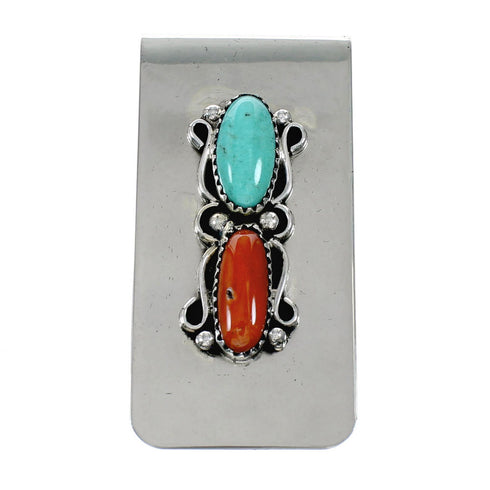 Genuine Navajo Turquoise And Coral Sterling Silver Money Clip NX12174