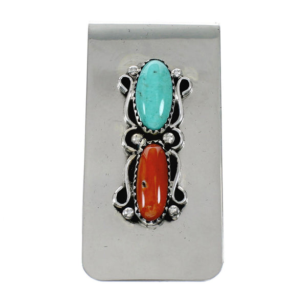 Genuine Navajo Turquoise And Coral Sterling Silver Money Clip NX12174