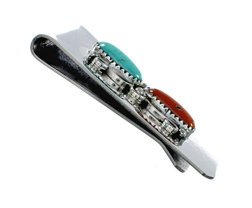 Genuine Navajo Turquoise And Coral Sterling Silver Money Clip NX12174