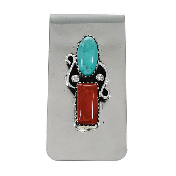 Native American Turquoise And Coral Sterling Silver Navajo Money Clip NX12175