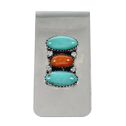 Native American Turquoise And Coral Sterling Silver Navajo Money Clip NX12176
