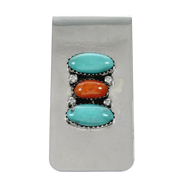 Native American Turquoise And Coral Sterling Silver Navajo Money Clip NX12176