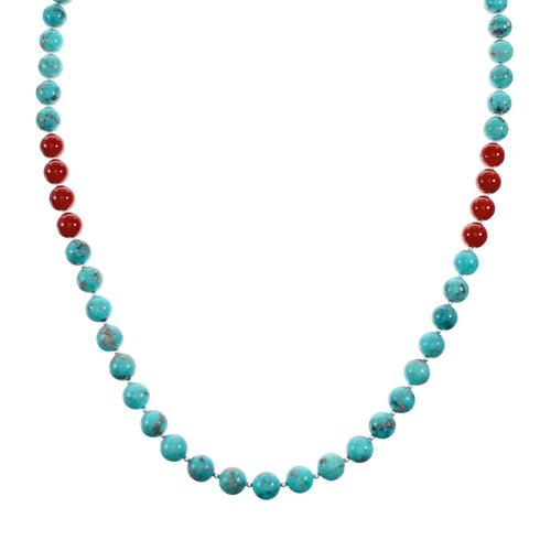 Navajo Sterling Silver Turquoise And Coral Bead Necklace NX12161