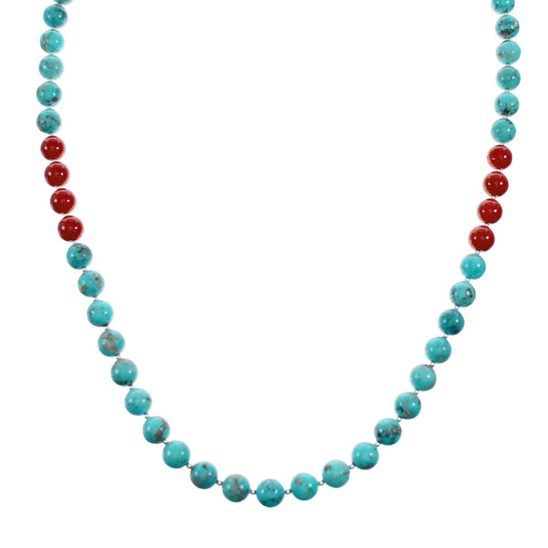 Navajo Sterling Silver Turquoise And Coral Bead Necklace NX12161