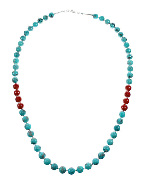 Navajo Sterling Silver Turquoise And Coral Bead Necklace NX12161