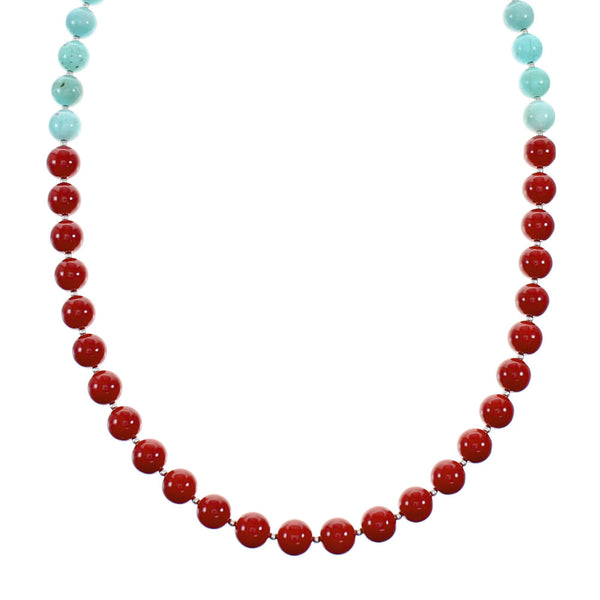 Navajo Sterling Silver Turquoise And Coral Bead Necklace NX12163