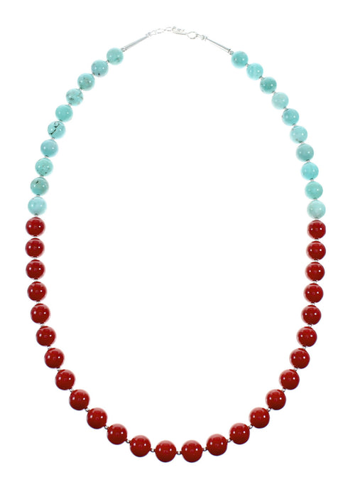Navajo Sterling Silver Turquoise And Coral Bead Necklace NX12163