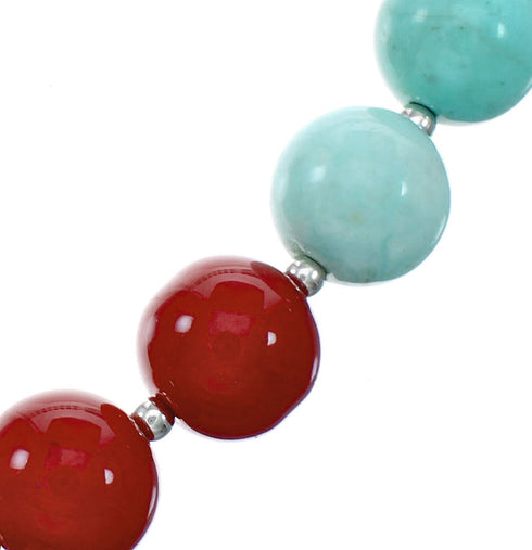 Navajo Sterling Silver Turquoise And Coral Bead Necklace NX12163
