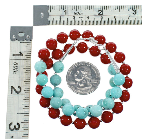 Navajo Sterling Silver Turquoise And Coral Bead Necklace NX12163