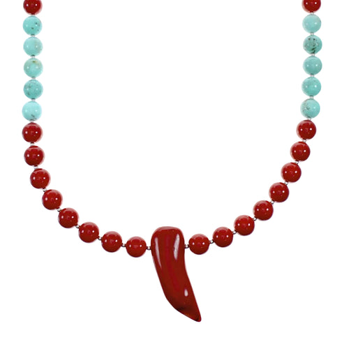 Navajo Sterling Silver Turquoise And Coral Bead Necklace NX12162
