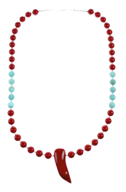Navajo Sterling Silver Turquoise And Coral Bead Necklace NX12162