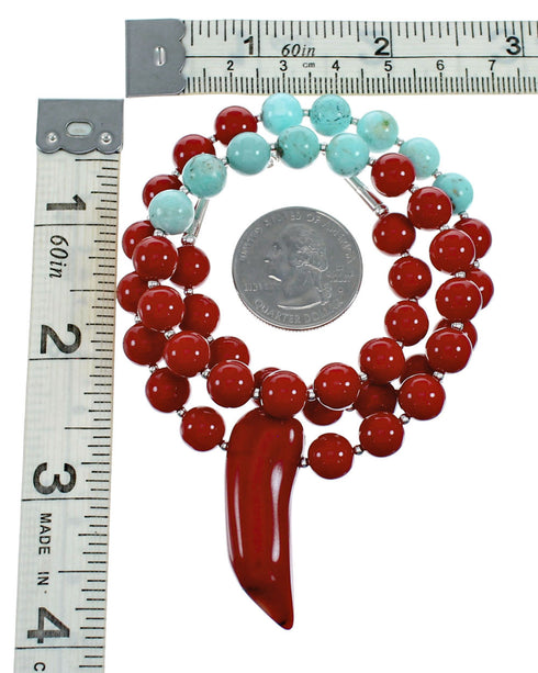 Navajo Sterling Silver Turquoise And Coral Bead Necklace NX12162