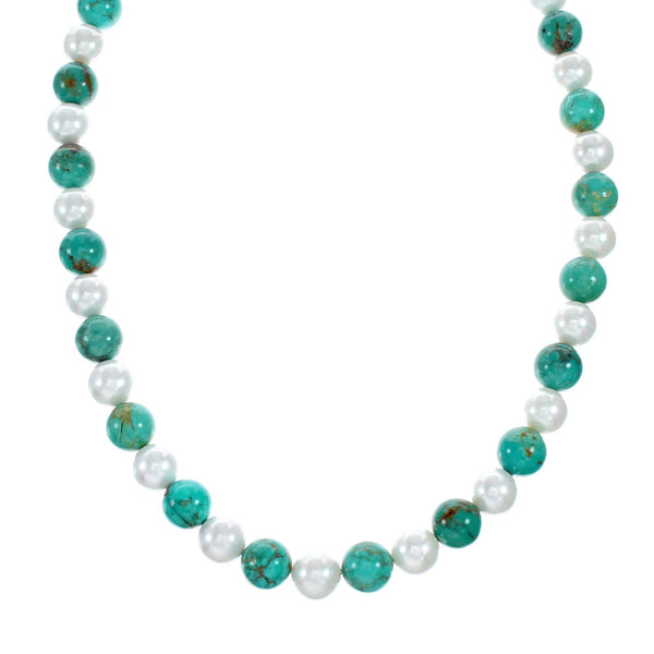 Turquoise Mother of Pearl Sterling Silver Native American Bead Necklace NX12212