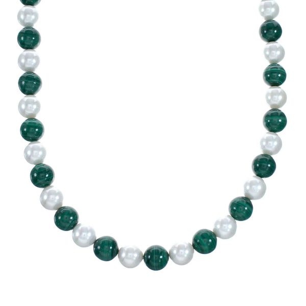 Native American Malachite Mother of Pearl Sterling Silver Bead Necklace NX12213